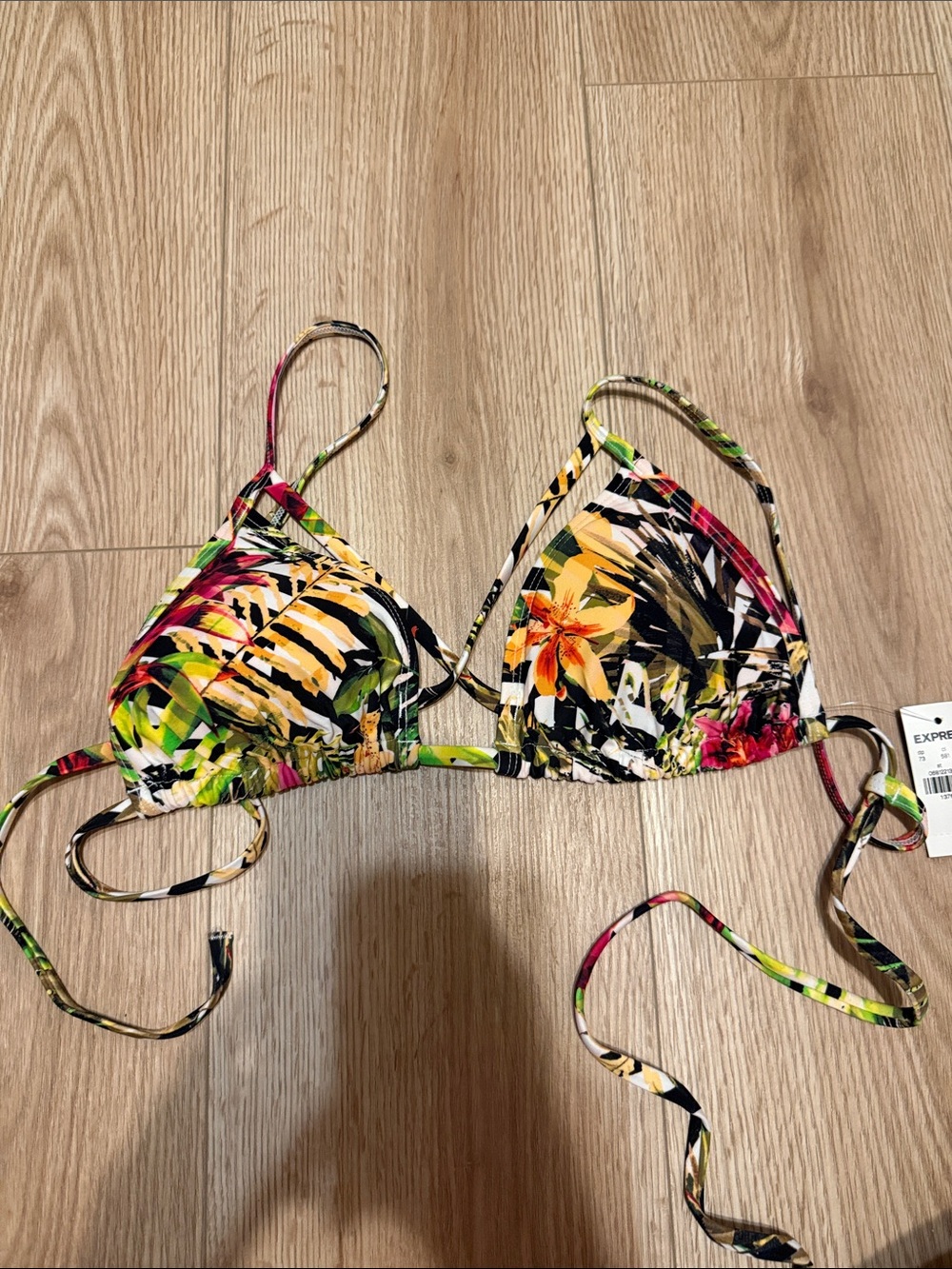 Express Multicolor Floral String Bikini Top - Pink, Yellow, Green, Black